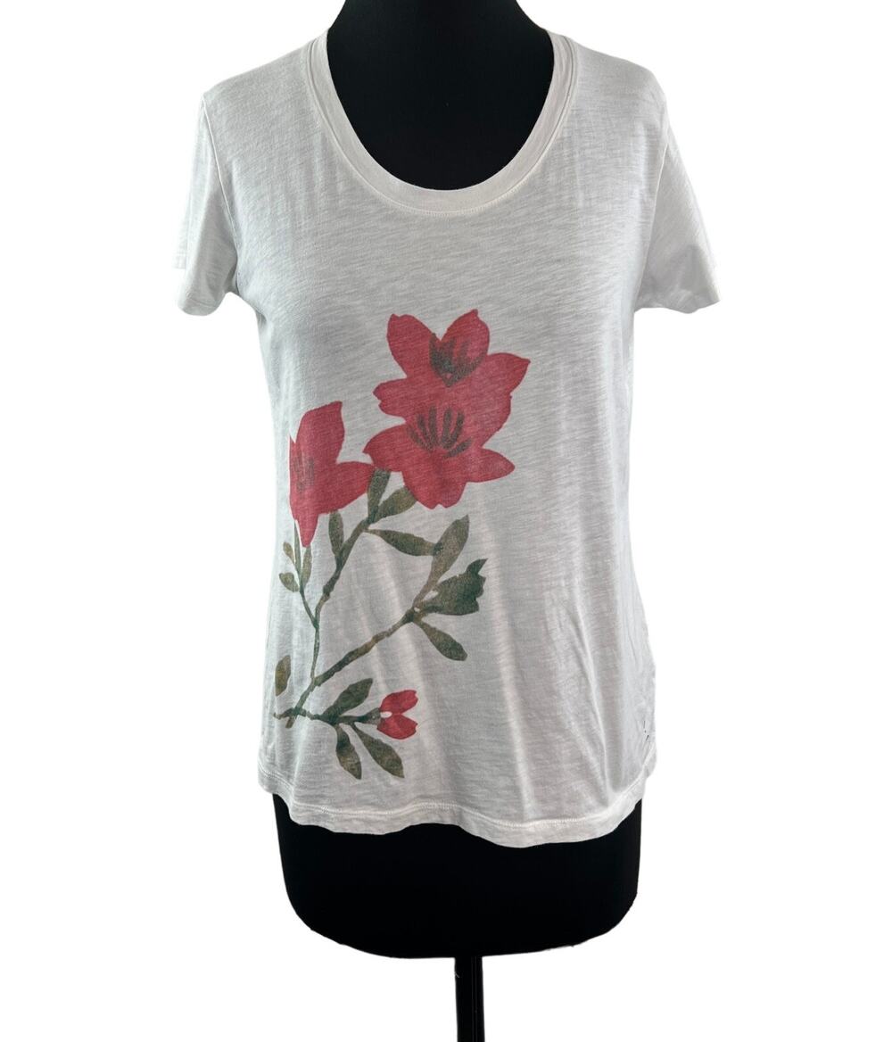 UNIQLO White Top Cotton Floral Scoop Neck Cap Sleeve Pullover Size M Medium